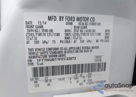 2015 Ford F-250 Xl из США, поврежденный, VIN 1FT7W2BT1FEC22672